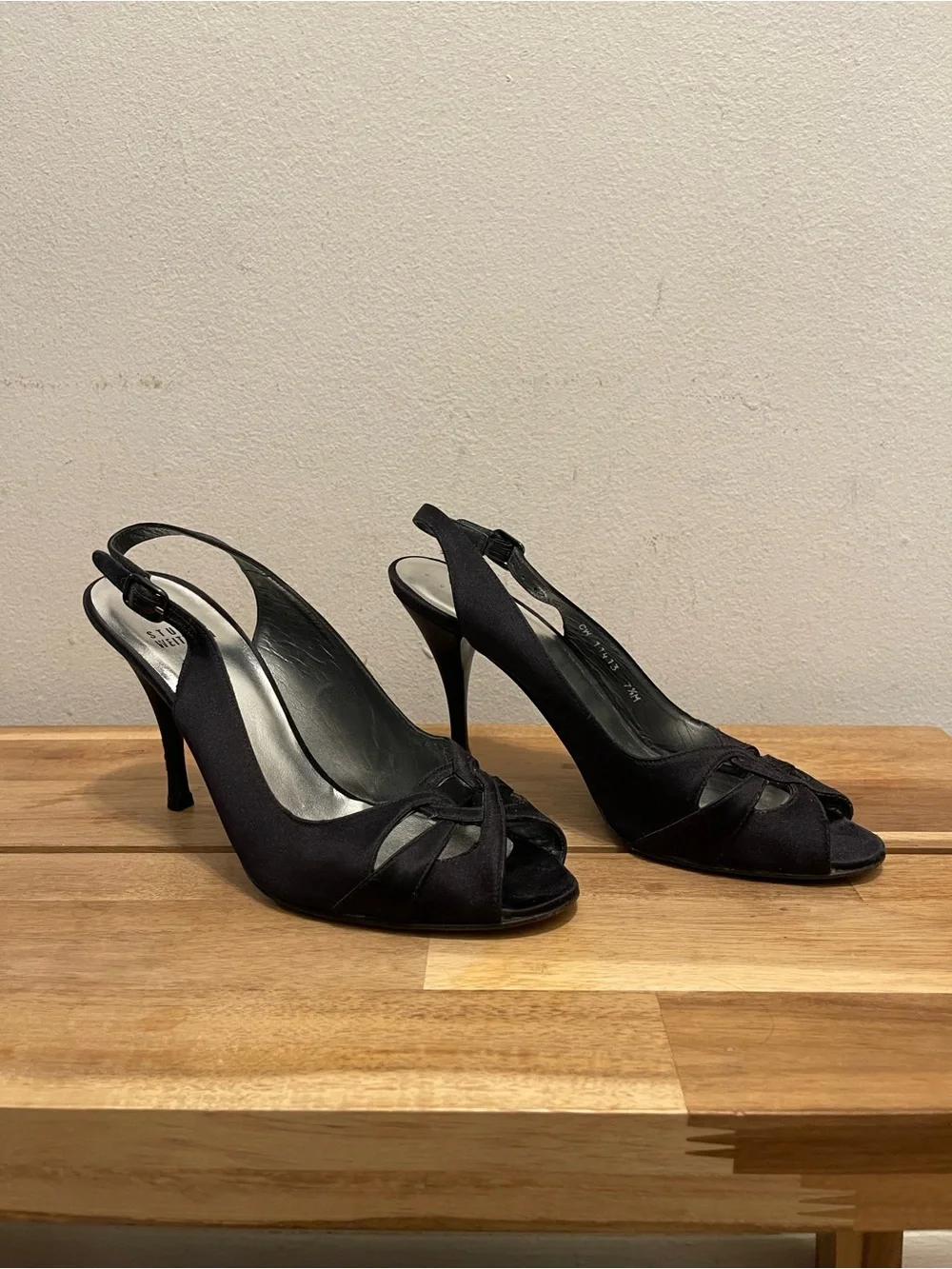 Stuart Weitzman Black Satin Peep Toe Slingback Heels - Size 7.5 M